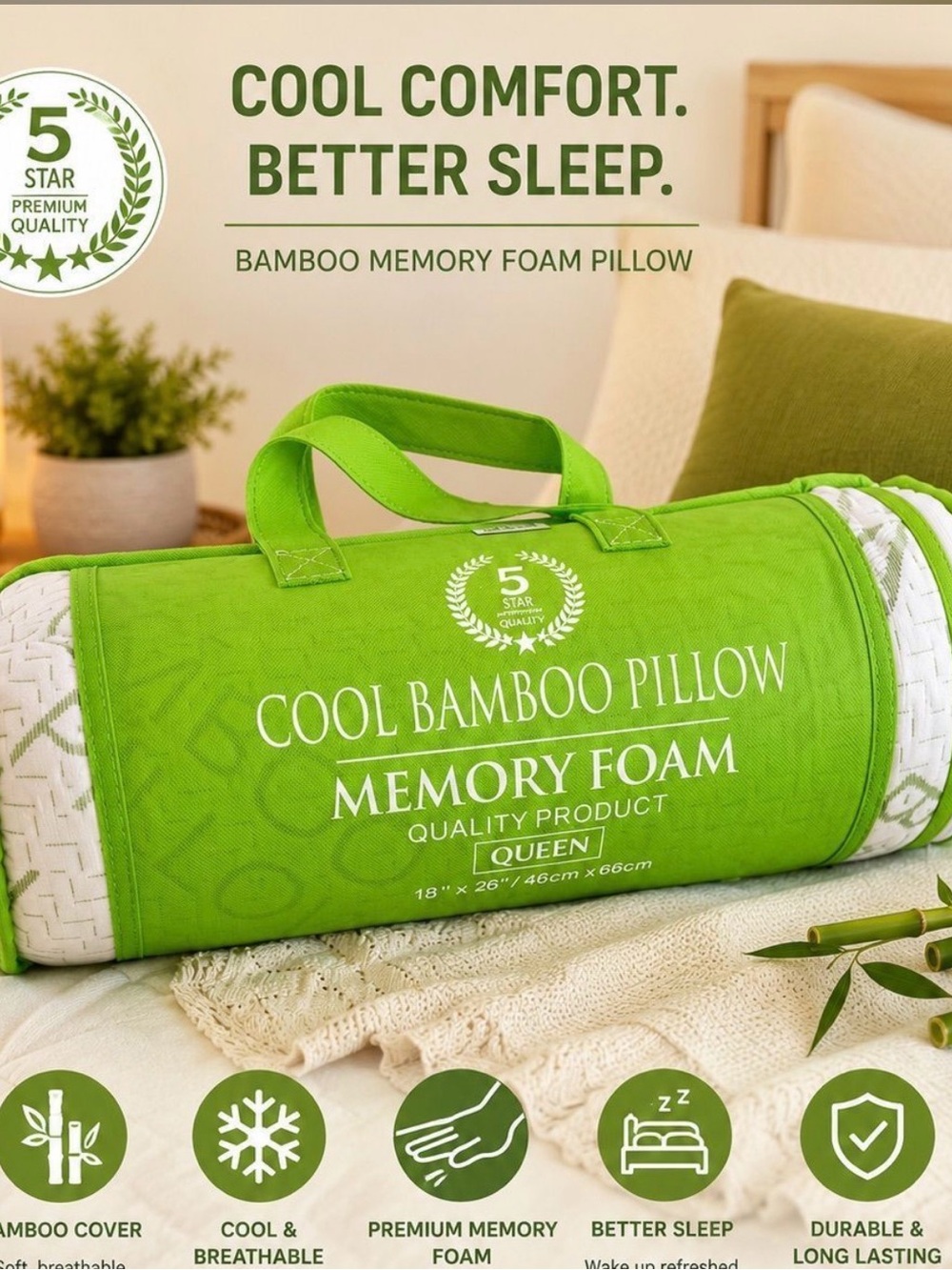 Cool Bamboo Memory Foam Pillow - Green
